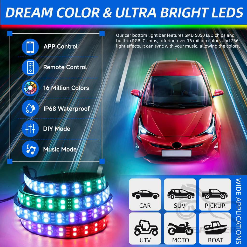 6PCS Flowing Color RGB LED Strip under Car Neon Light 60*150 BT App Control Car Products Underglow Light