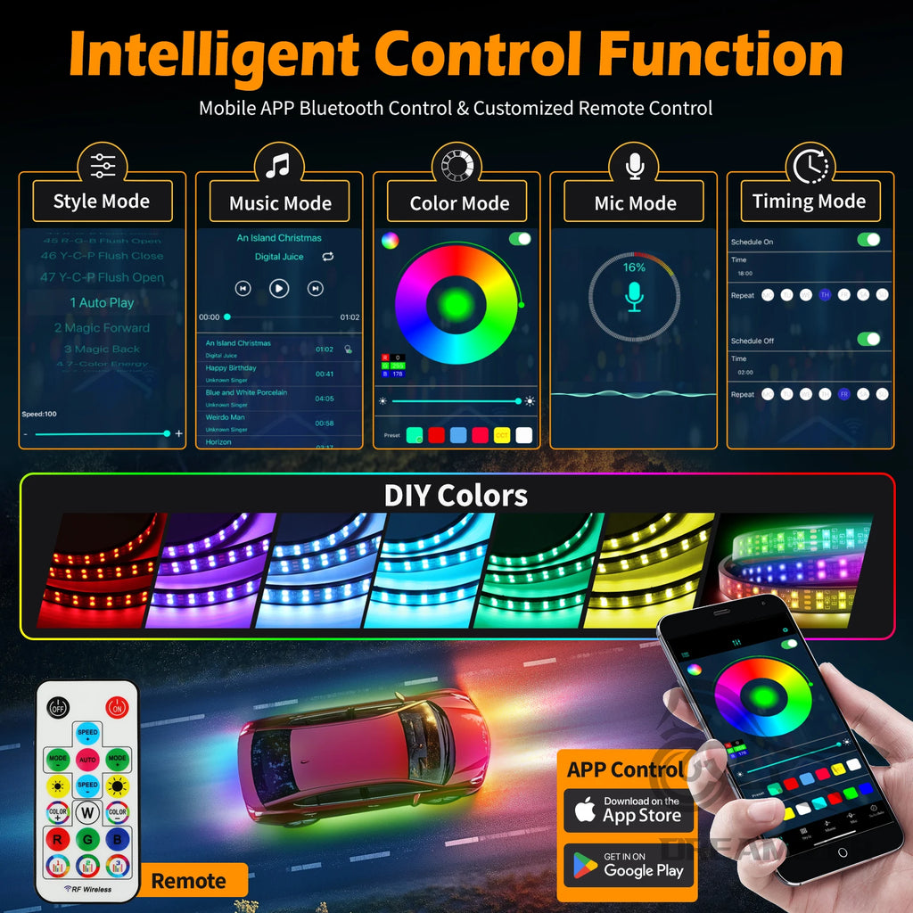 6PCS Flowing Color RGB LED Strip under Car Neon Light 60*150 BT App Control Car Products Underglow Light