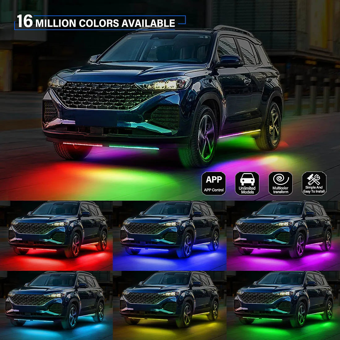 6PCS Flowing Color RGB LED Strip under Car Neon Light 60*150 90*180 BT App Control Car Products