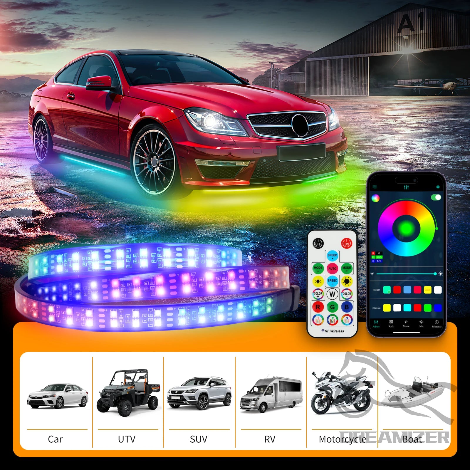 6PCS Flowing Color RGB LED Strip under Car Neon Light 60*150 BT App Control Car Products Underglow Light