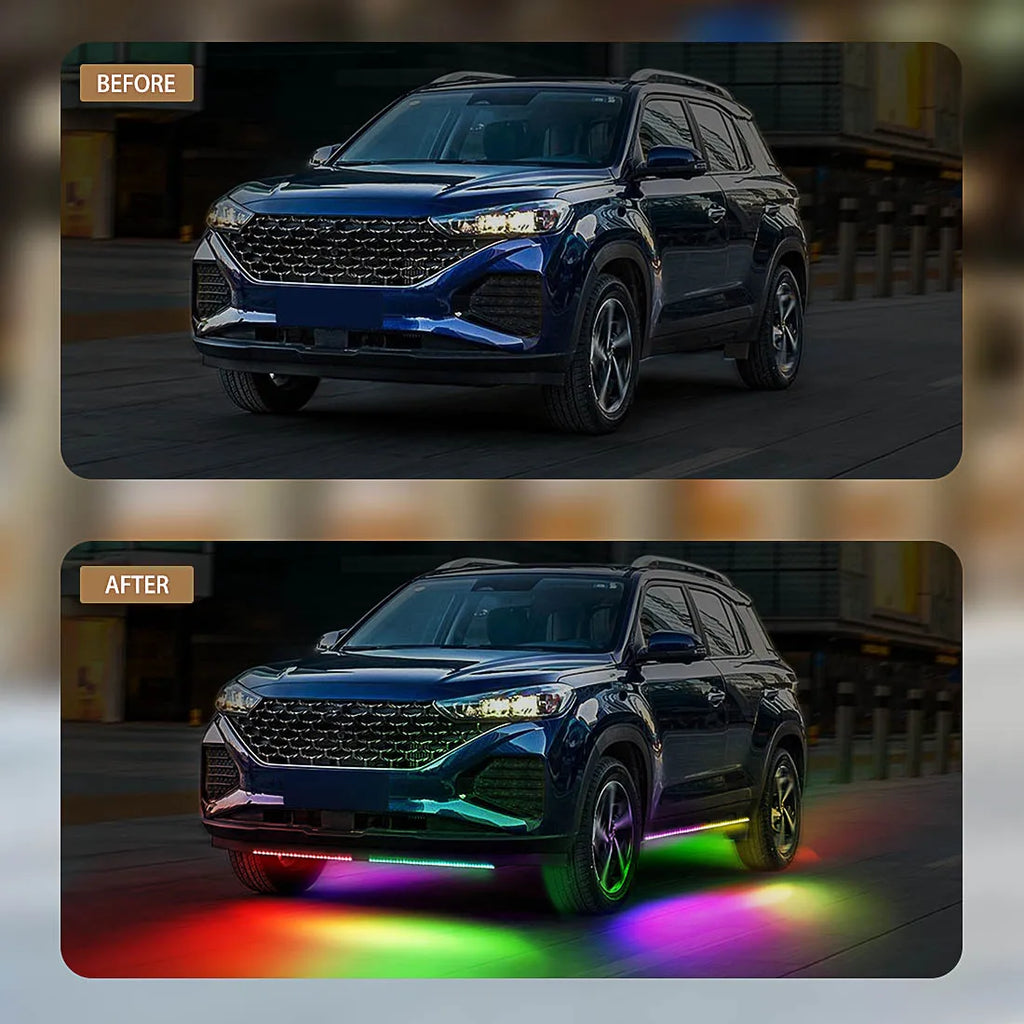 6PCS Flowing Color RGB LED Strip under Car Neon Light 60*150 90*180 BT App Control Car Products
