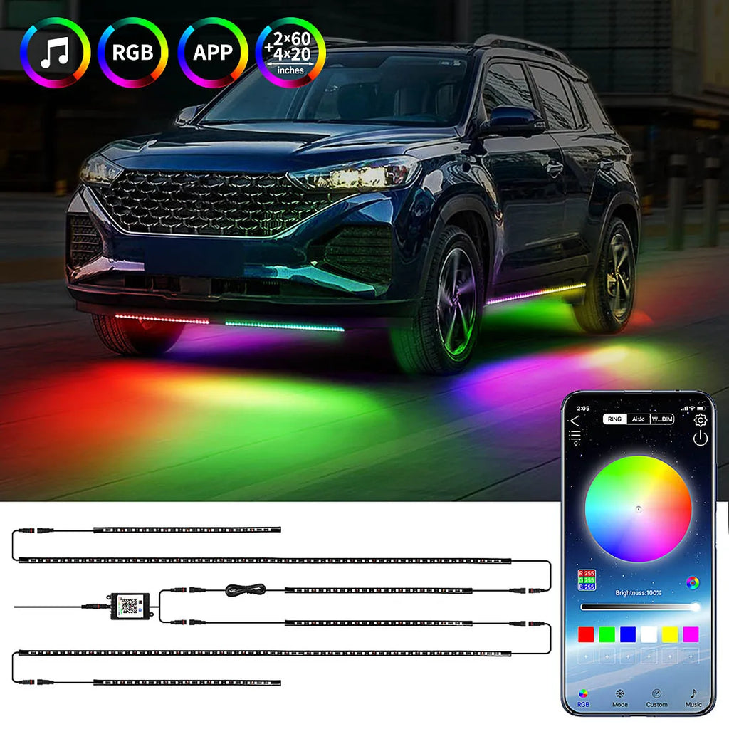 6PCS Flowing Color RGB LED Strip under Car Neon Light 60*150 90*180 BT App Control Car Products